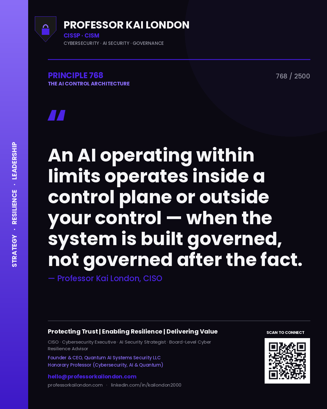 Quote card by Professor Kai London reading 'An AI operating within limits operates inside a control plane or outside your control — when the system is built governed, not governed after the fact.'. From the book The AI Control Architecture.