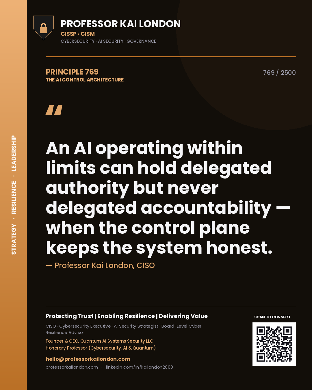 Professor Kai London principle 769: An AI operating within limits can hold delegated authority but never delegated accountability — when the control plane keeps the system honest.