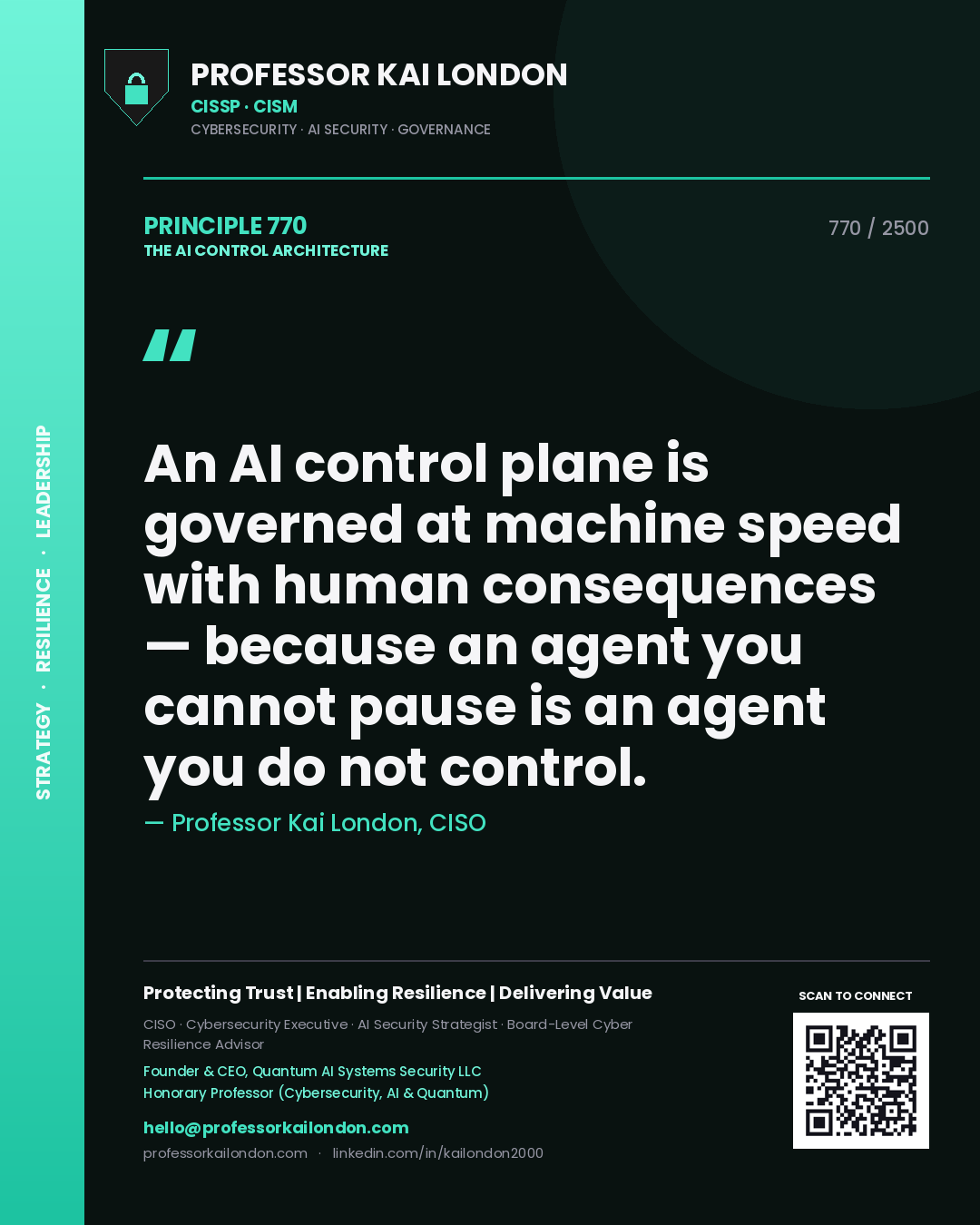 Quote card by Professor Kai London reading 'An AI control plane is governed at machine speed with human consequences — because an agent you cannot pause is an agent you do not control.'. From the book The AI Control Architecture.