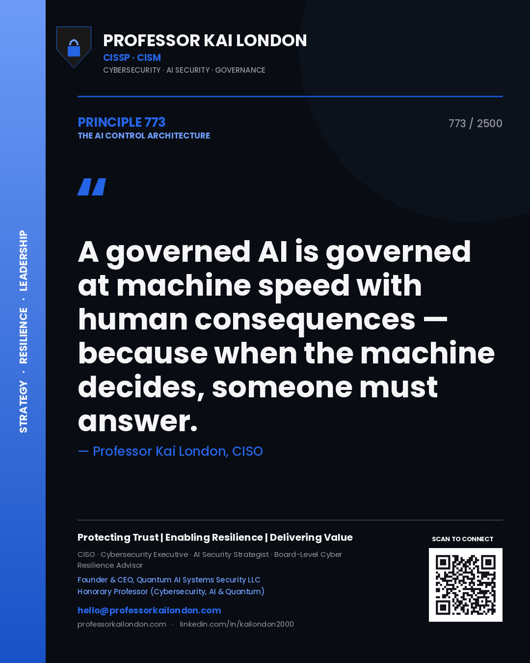 Professor Kai London principle 773: A governed AI is governed at machine speed with human consequences — because when the machine decides, someone must answer.