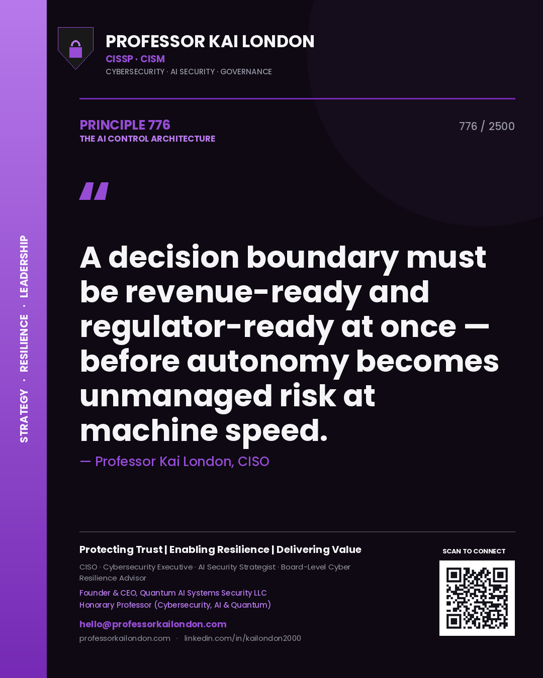 Professor Kai London principle 776: A decision boundary must be revenue-ready and regulator-ready at once — before autonomy becomes unmanaged risk at machine speed.