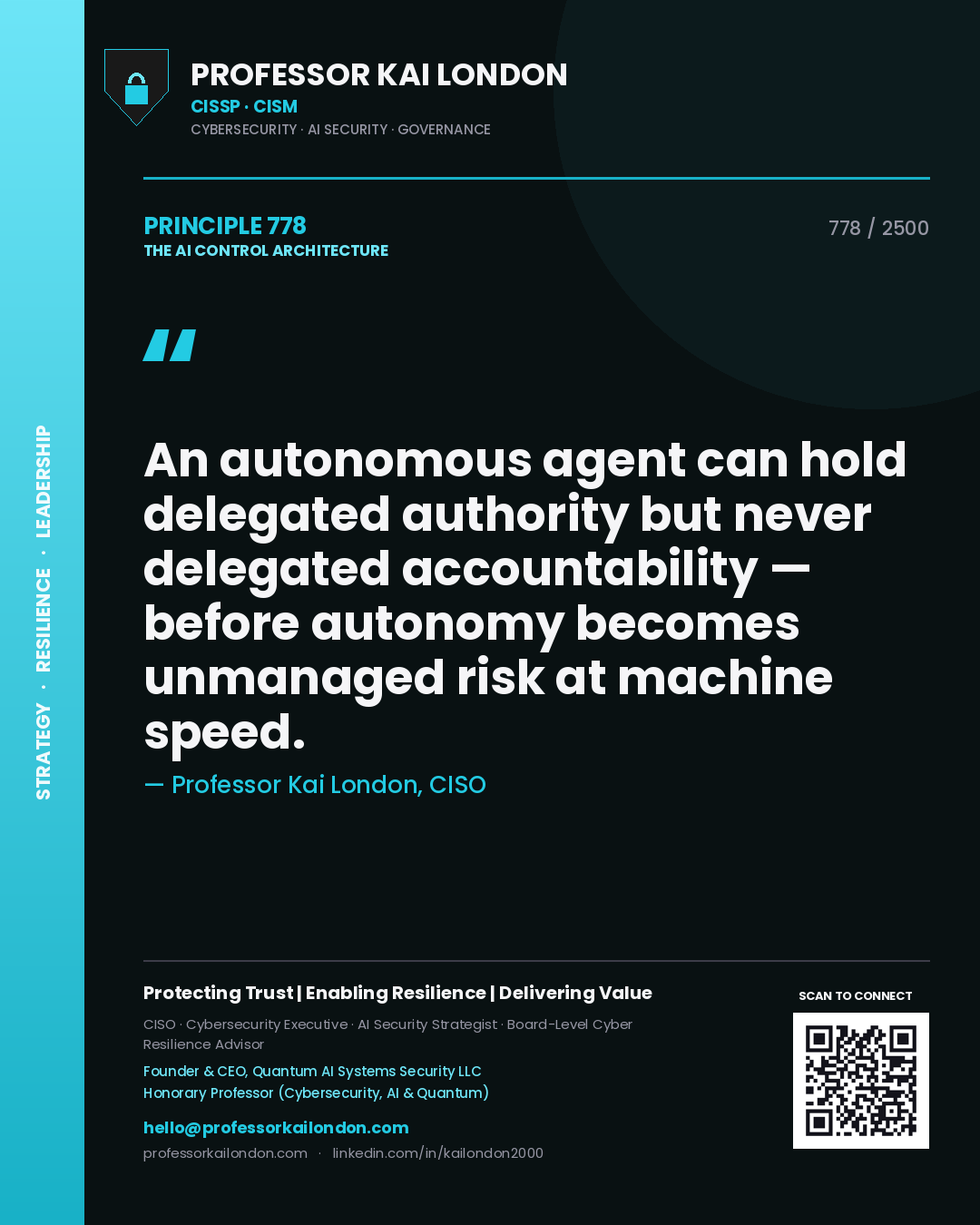 Professor Kai London principle 778: An autonomous agent can hold delegated authority but never delegated accountability — before autonomy becomes unmanaged risk at machine speed.