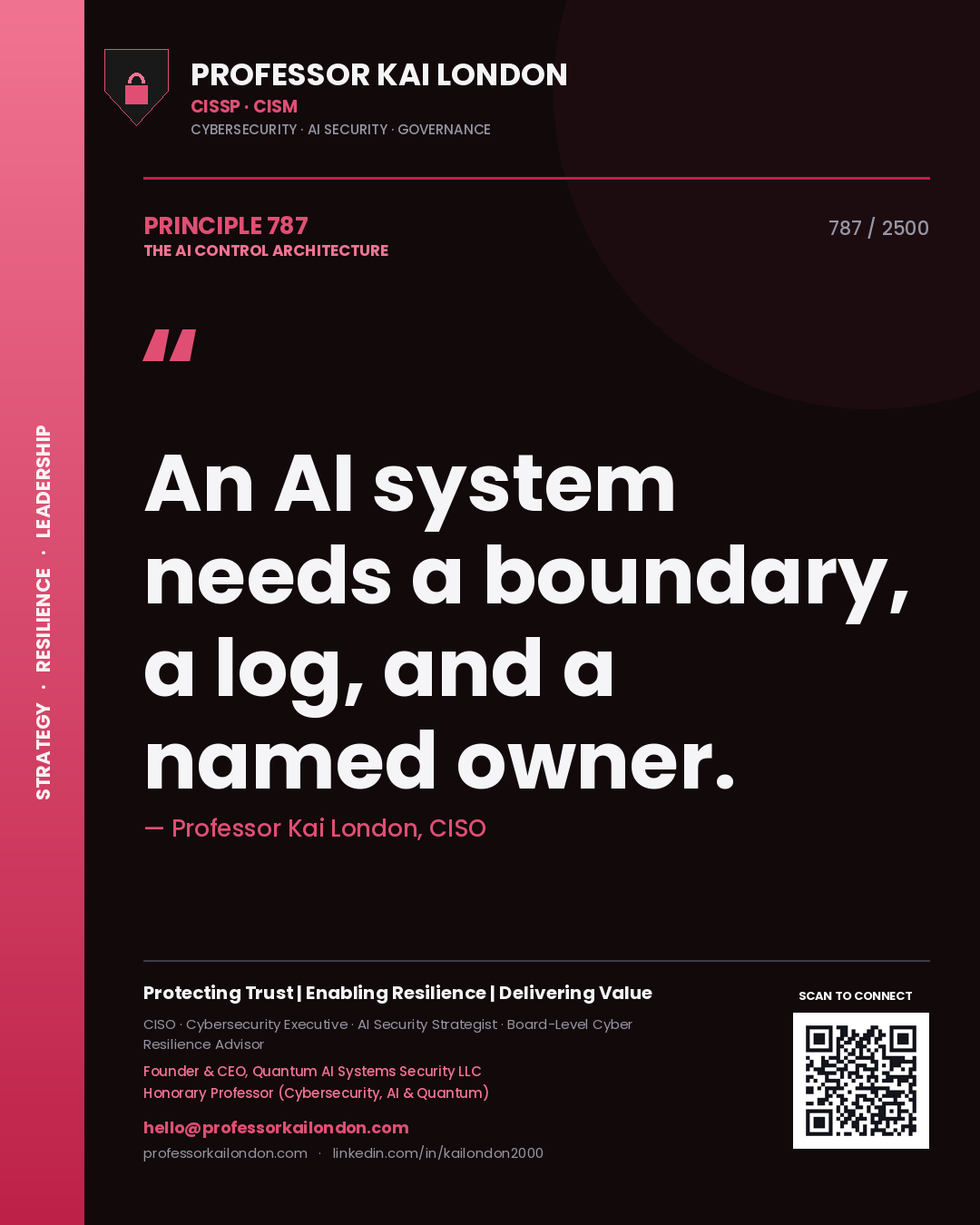 Professor Kai London principle 787: An AI system needs a boundary, a log, and a named owner.