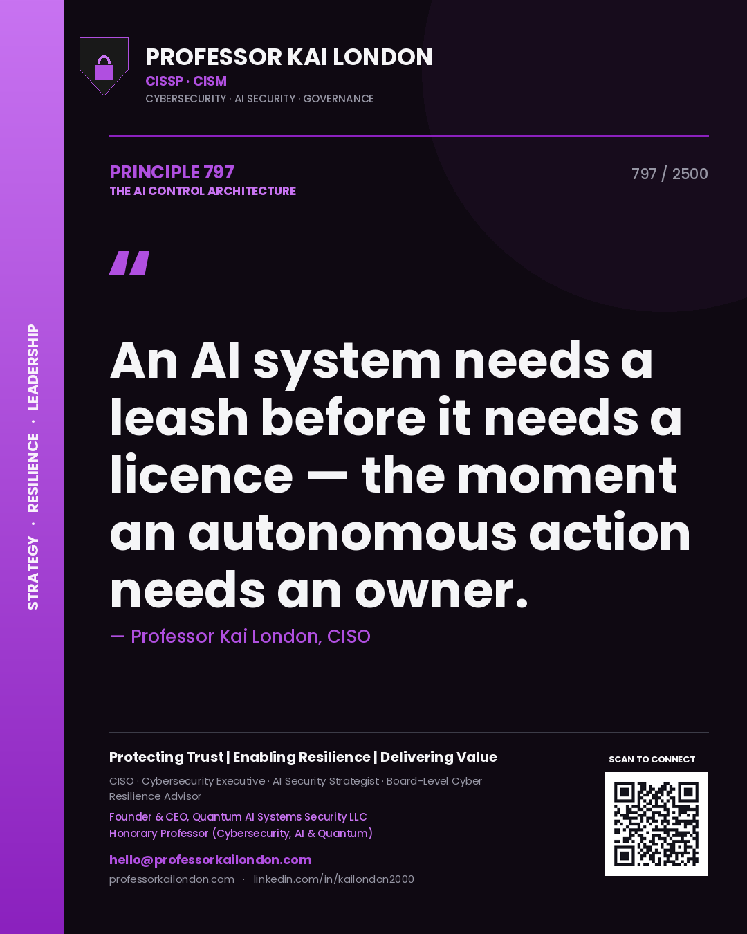 Professor Kai London principle 797: An AI system needs a leash before it needs a licence — the moment an autonomous action needs an owner.