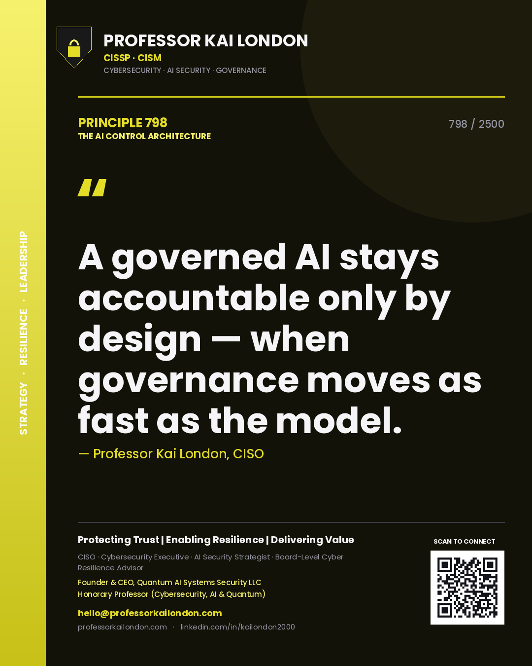 Quote card by Professor Kai London reading 'A governed AI stays accountable only by design — when governance moves as fast as the model.'. From the book The AI Control Architecture.