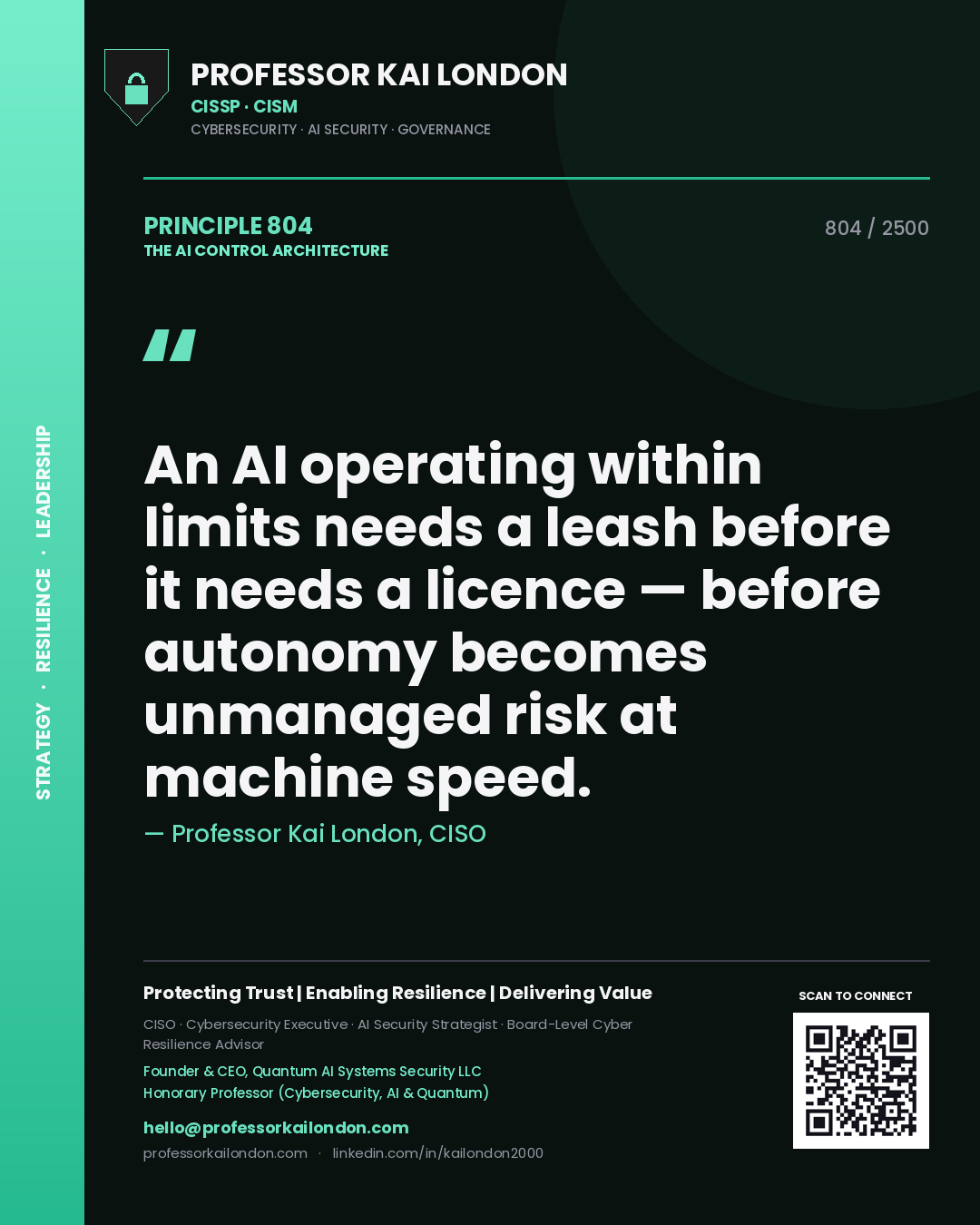 Quote card by Professor Kai London reading 'An AI operating within limits needs a leash before it needs a licence — before autonomy becomes unmanaged risk at machine speed.'. From the book The AI Control Architecture.