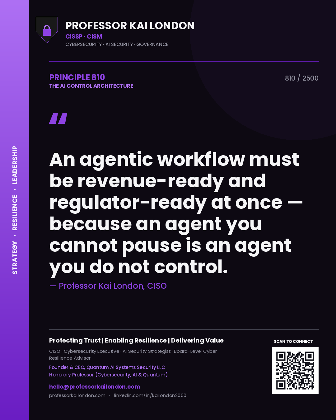Professor Kai London principle 810: An agentic workflow must be revenue-ready and regulator-ready at once — because an agent you cannot pause is an agent you do not control.