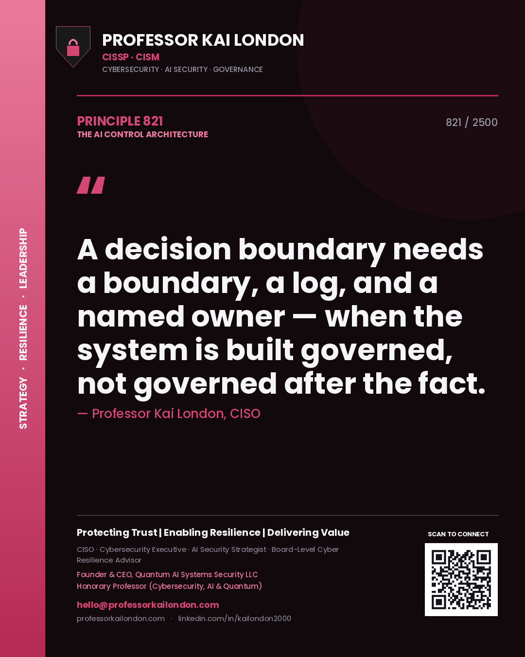 Professor Kai London principle 821: A decision boundary needs a boundary, a log, and a named owner — when the system is built governed, not governed after the fact.