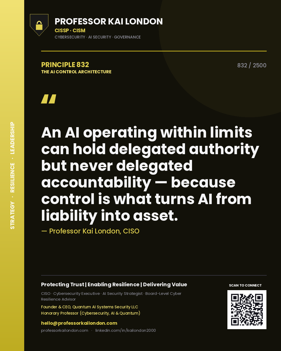 Professor Kai London principle 832: An AI operating within limits can hold delegated authority but never delegated accountability — because control is what turns AI from liability into asset.