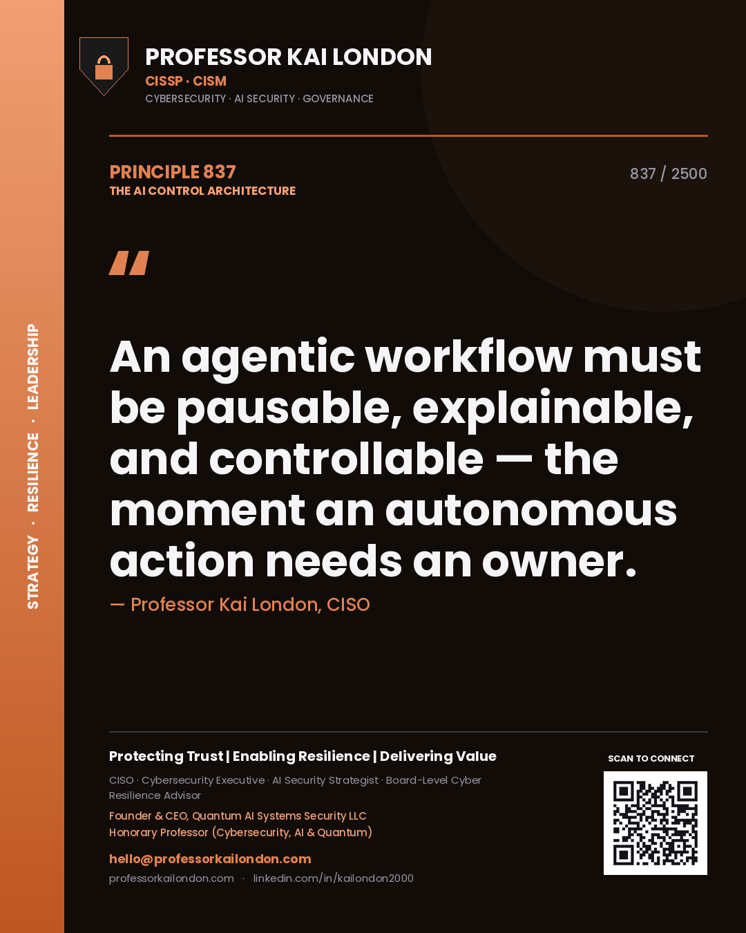 Quote card by Professor Kai London reading 'An agentic workflow must be pausable, explainable, and controllable — the moment an autonomous action needs an owner.'. From the book The AI Control Architecture.