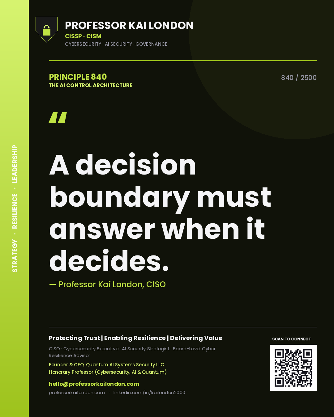 Quote card by Professor Kai London reading 'A decision boundary must answer when it decides.'. From the book The AI Control Architecture.