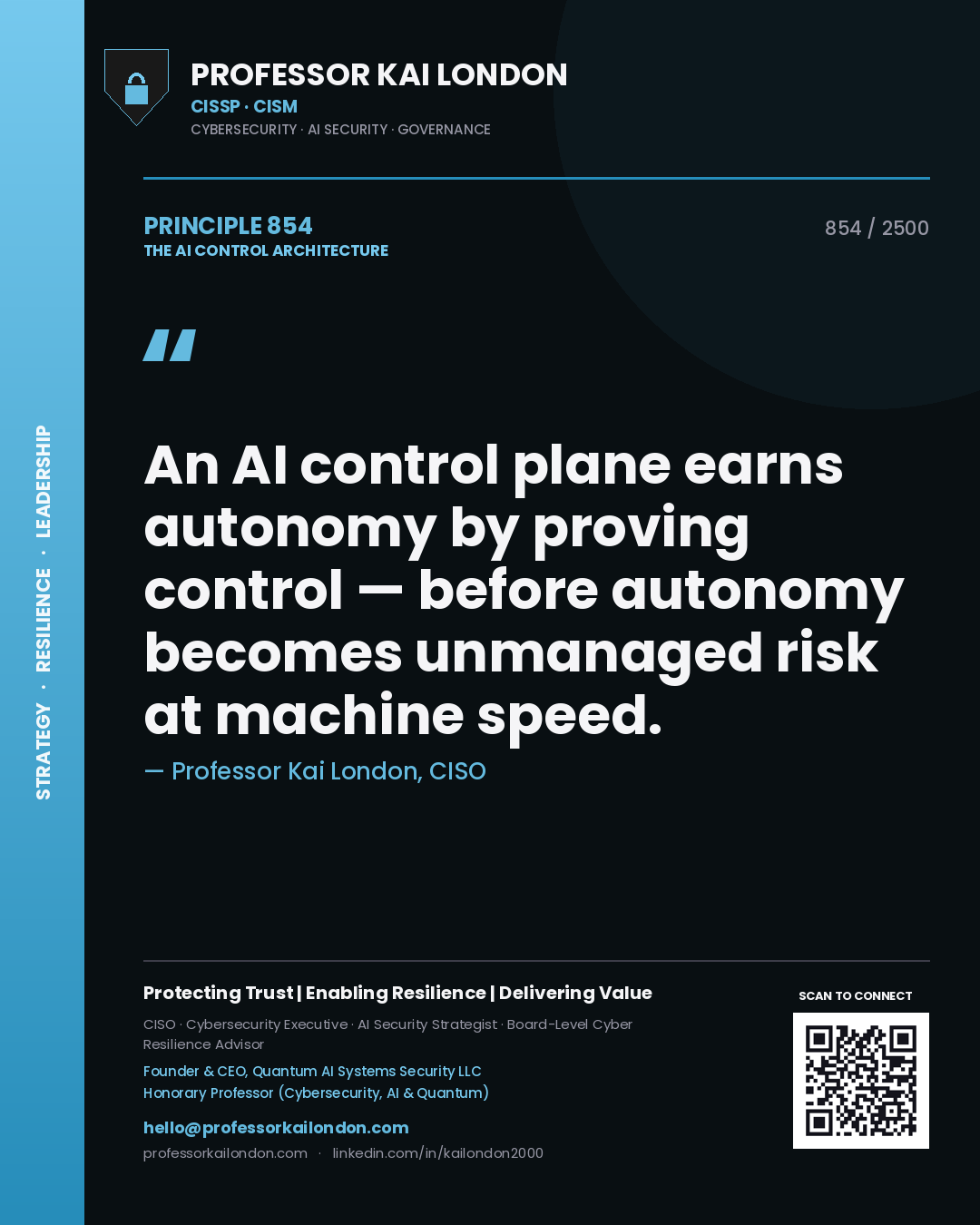 Professor Kai London principle 854: An AI control plane earns autonomy by proving control — before autonomy becomes unmanaged risk at machine speed.