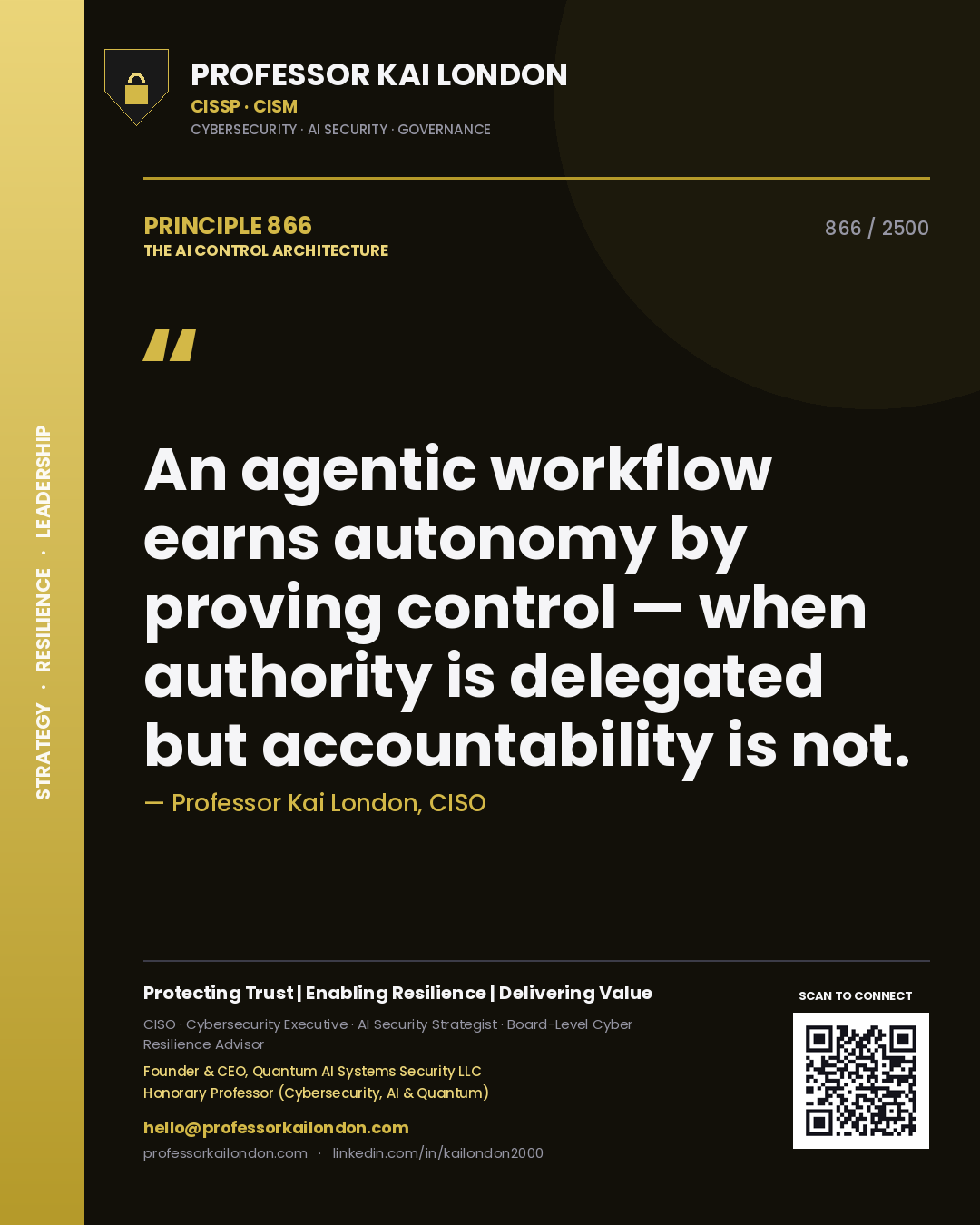 Professor Kai London principle 866: An agentic workflow earns autonomy by proving control — when authority is delegated but accountability is not.