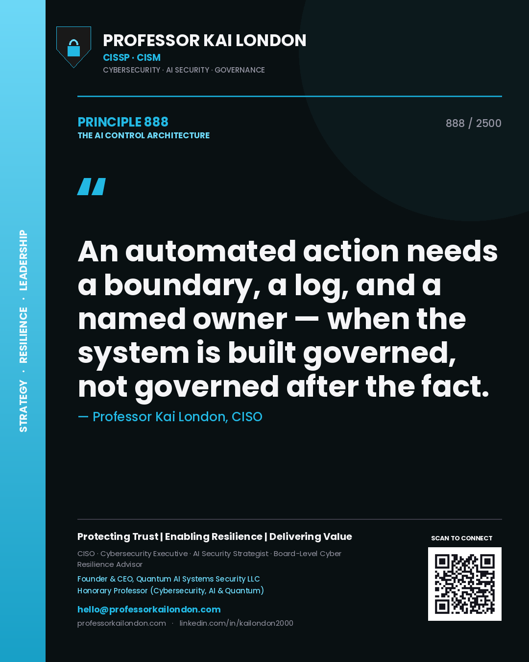Quote card by Professor Kai London reading 'An automated action needs a boundary, a log, and a named owner — when the system is built governed, not governed after the fact.'. From the book The AI Control Architecture.
