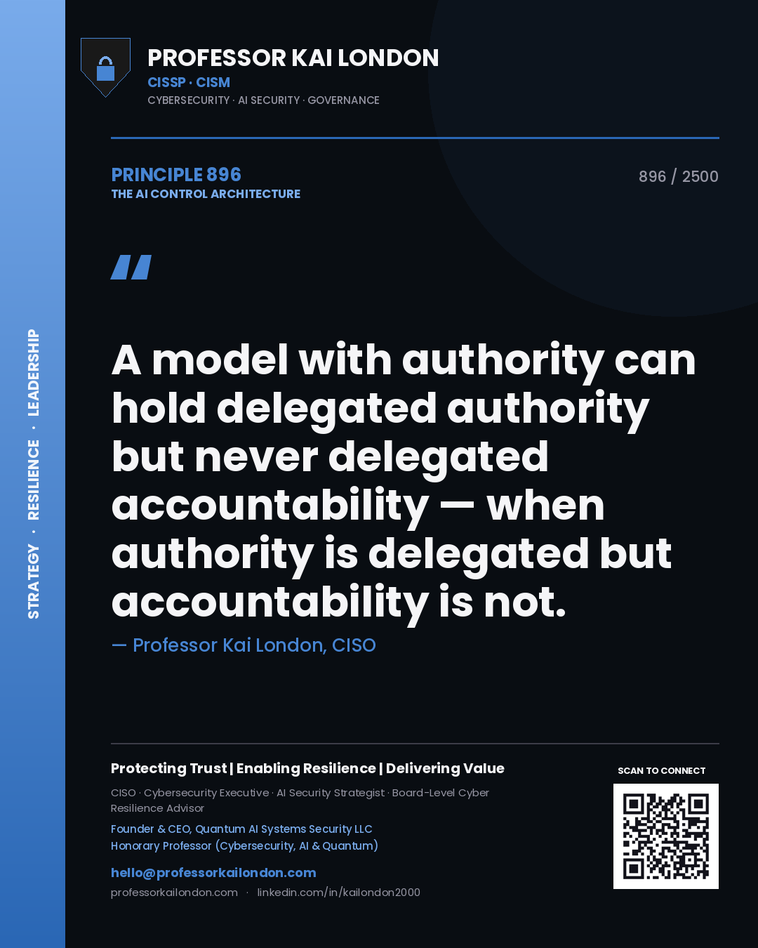 Professor Kai London principle 896: A model with authority can hold delegated authority but never delegated accountability — when authority is delegated but accountability is not.