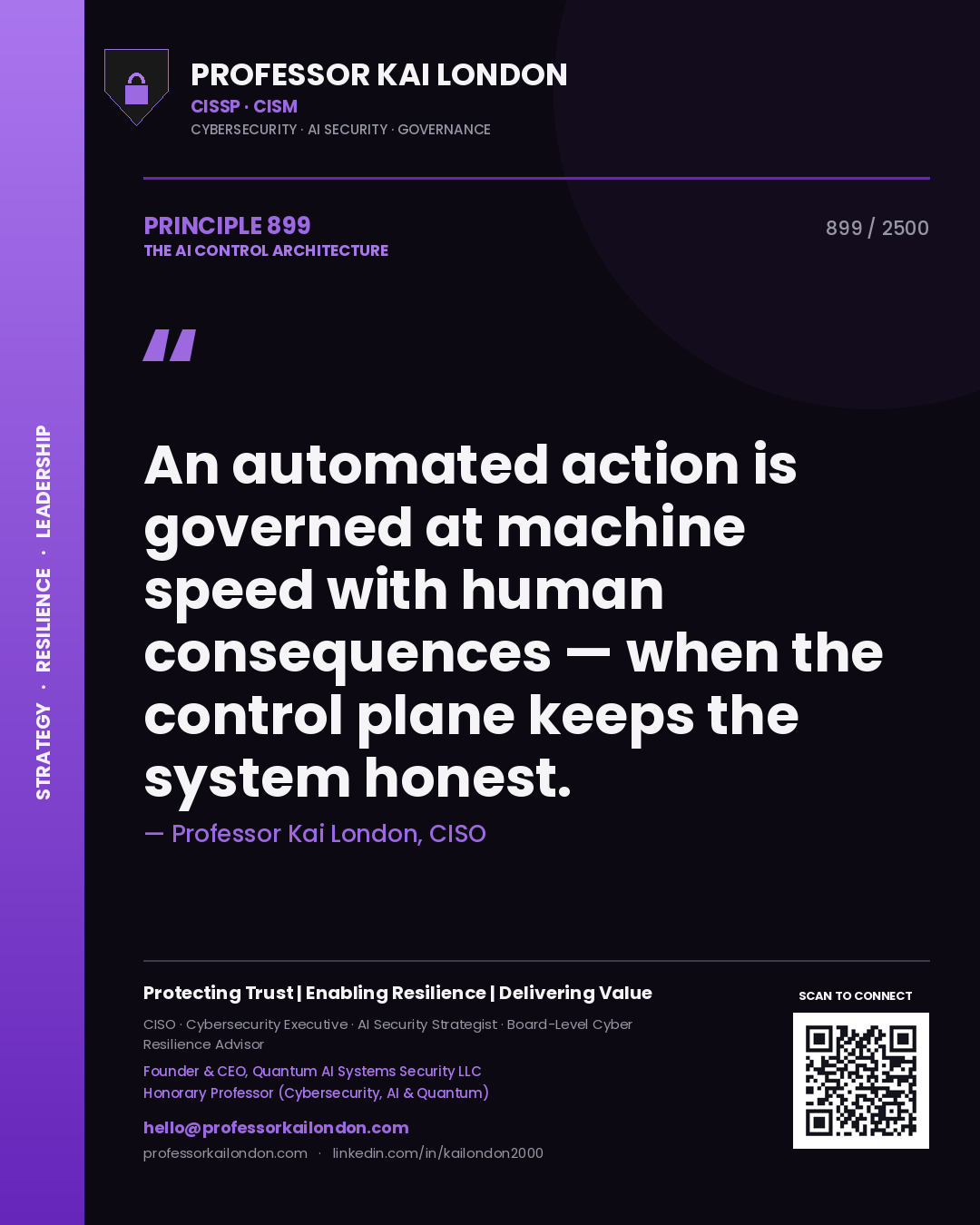 Quote card by Professor Kai London reading 'An automated action is governed at machine speed with human consequences — when the control plane keeps the system honest.'. From the book The AI Control Architecture.