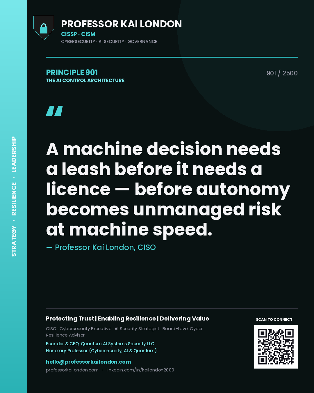 Professor Kai London principle 901: A machine decision needs a leash before it needs a licence — before autonomy becomes unmanaged risk at machine speed.