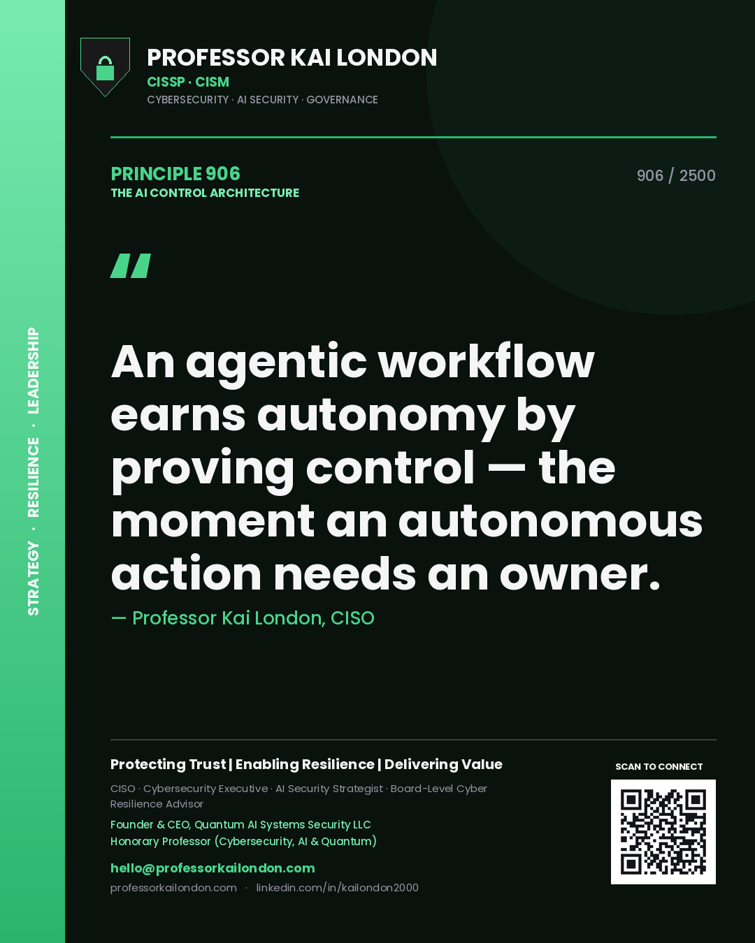 Professor Kai London principle 906: An agentic workflow earns autonomy by proving control — the moment an autonomous action needs an owner.