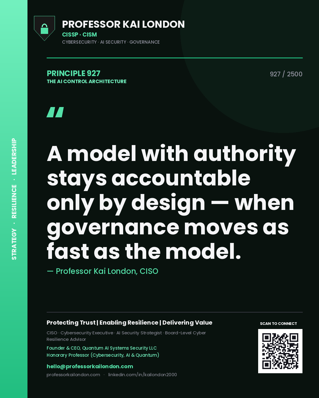 Quote card by Professor Kai London reading 'A model with authority stays accountable only by design — when governance moves as fast as the model.'. From the book The AI Control Architecture.