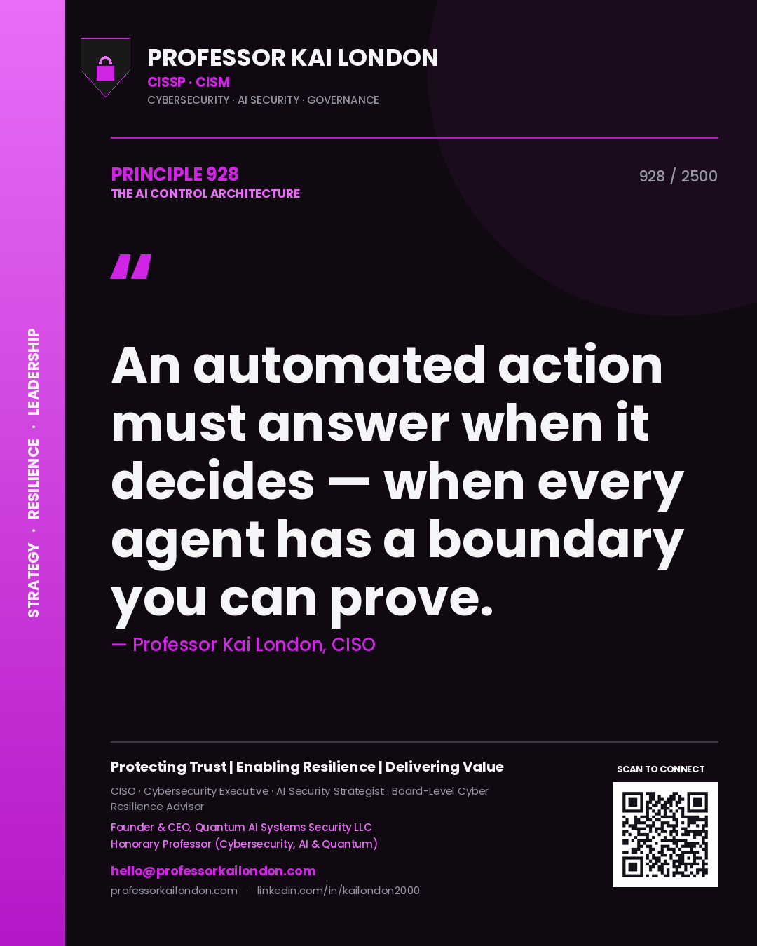 Quote card by Professor Kai London reading 'An automated action must answer when it decides — when every agent has a boundary you can prove.'. From the book The AI Control Architecture.