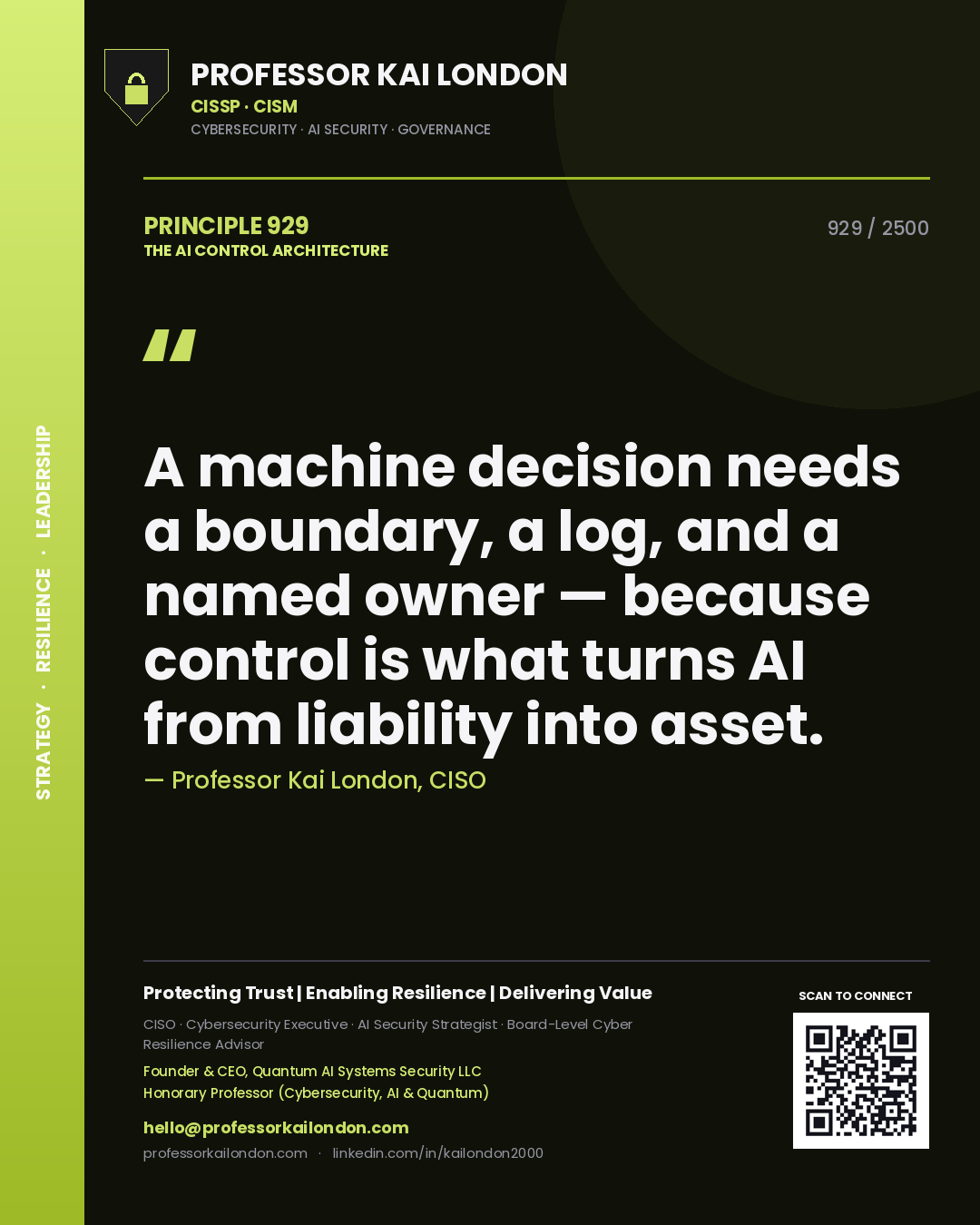 Quote card by Professor Kai London reading 'A machine decision needs a boundary, a log, and a named owner — because control is what turns AI from liability into asset.'. From the book The AI Control Architecture.
