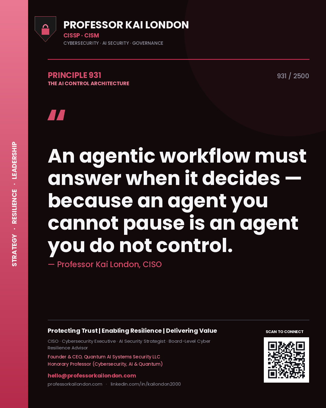 Quote card by Professor Kai London reading 'An agentic workflow must answer when it decides — because an agent you cannot pause is an agent you do not control.'. From the book The AI Control Architecture.