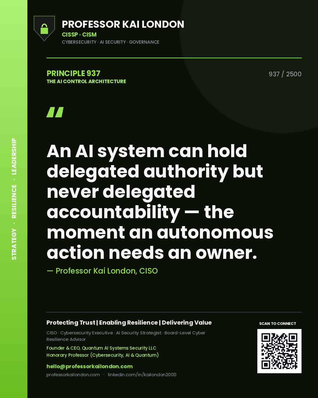 Professor Kai London principle 937: An AI system can hold delegated authority but never delegated accountability — the moment an autonomous action needs an owner.