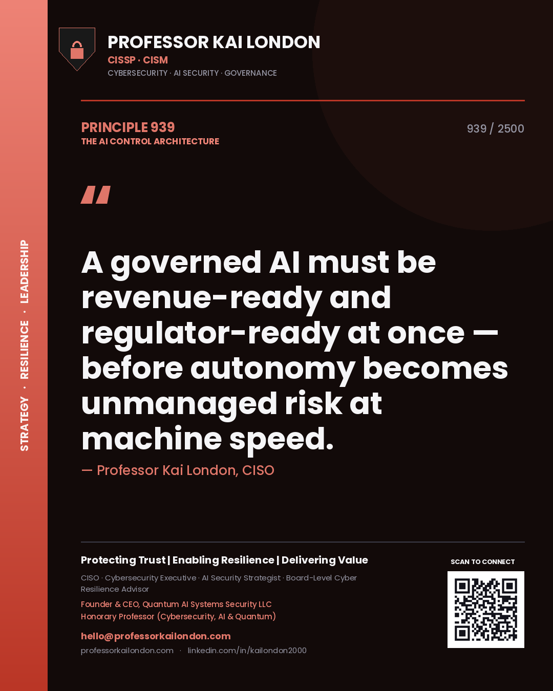 Quote card by Professor Kai London reading 'A governed AI must be revenue-ready and regulator-ready at once — before autonomy becomes unmanaged risk at machine speed.'. From the book The AI Control Architecture.