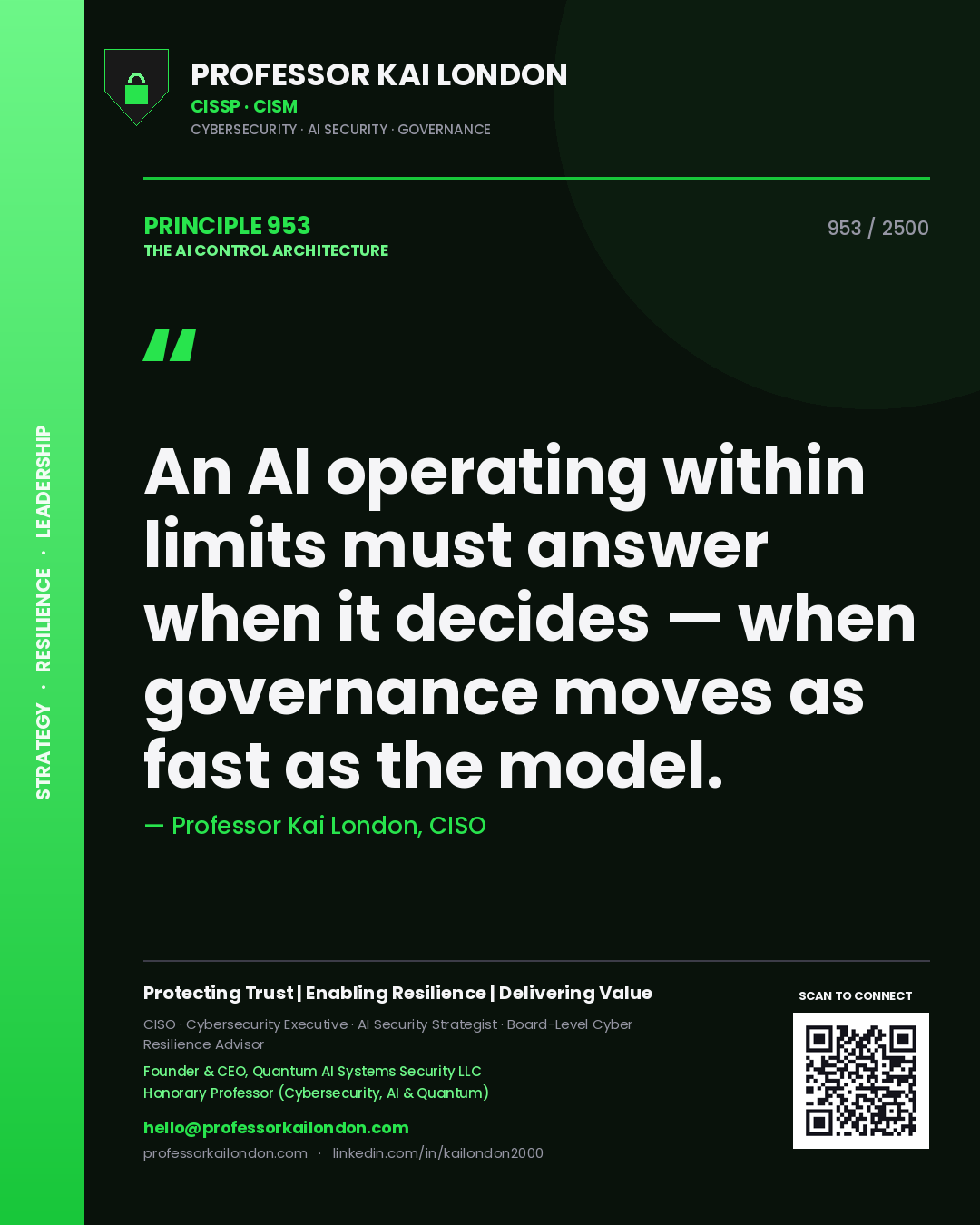 Professor Kai London principle 953: An AI operating within limits must answer when it decides — when governance moves as fast as the model.