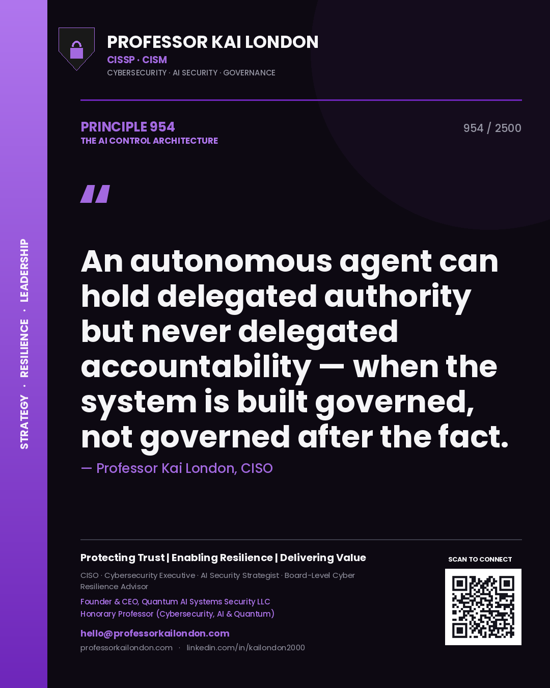 Quote card by Professor Kai London reading 'An autonomous agent can hold delegated authority but never delegated accountability — when the system is built governed, not governed after the fact.'. From the book The AI Control Architecture.