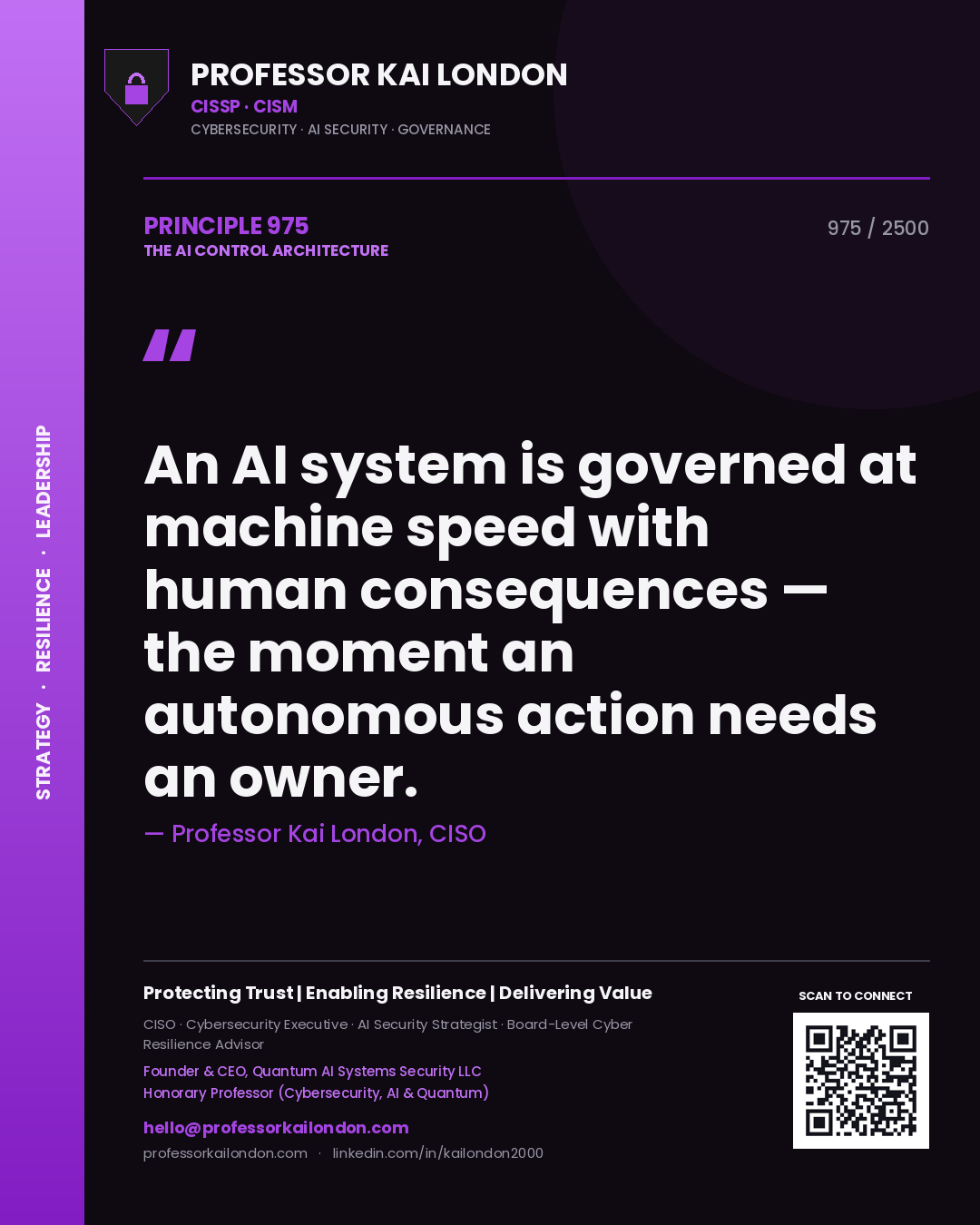 Quote card by Professor Kai London reading 'An AI system is governed at machine speed with human consequences — the moment an autonomous action needs an owner.'. From the book The AI Control Architecture.
