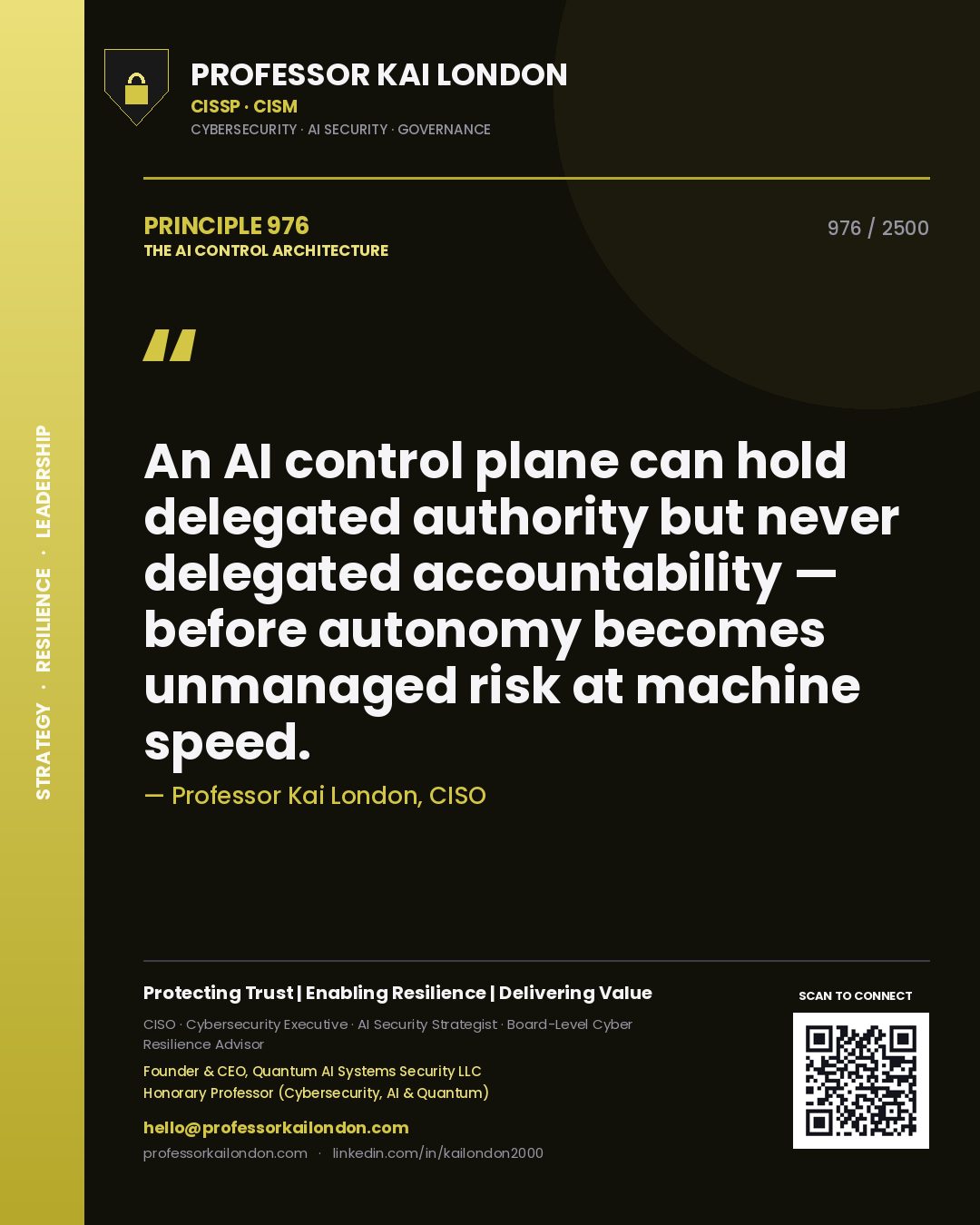 Quote card by Professor Kai London reading 'An AI control plane can hold delegated authority but never delegated accountability — before autonomy becomes unmanaged risk at machine speed.'. From the book The AI Control Architecture.