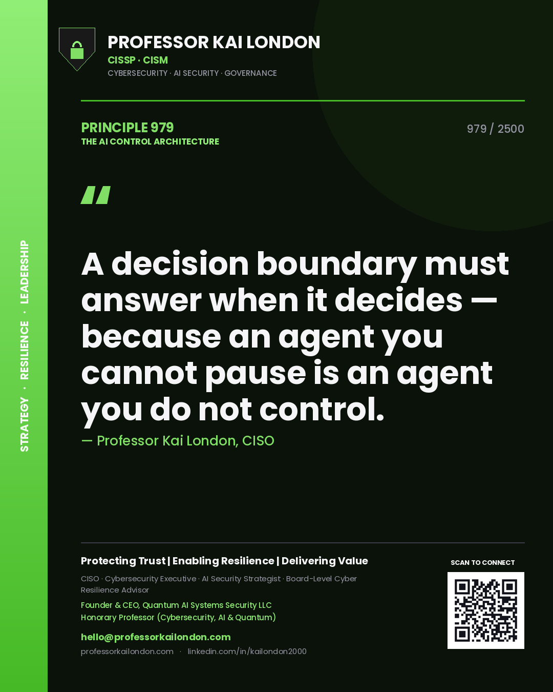 Quote card by Professor Kai London reading 'A decision boundary must answer when it decides — because an agent you cannot pause is an agent you do not control.'. From the book The AI Control Architecture.