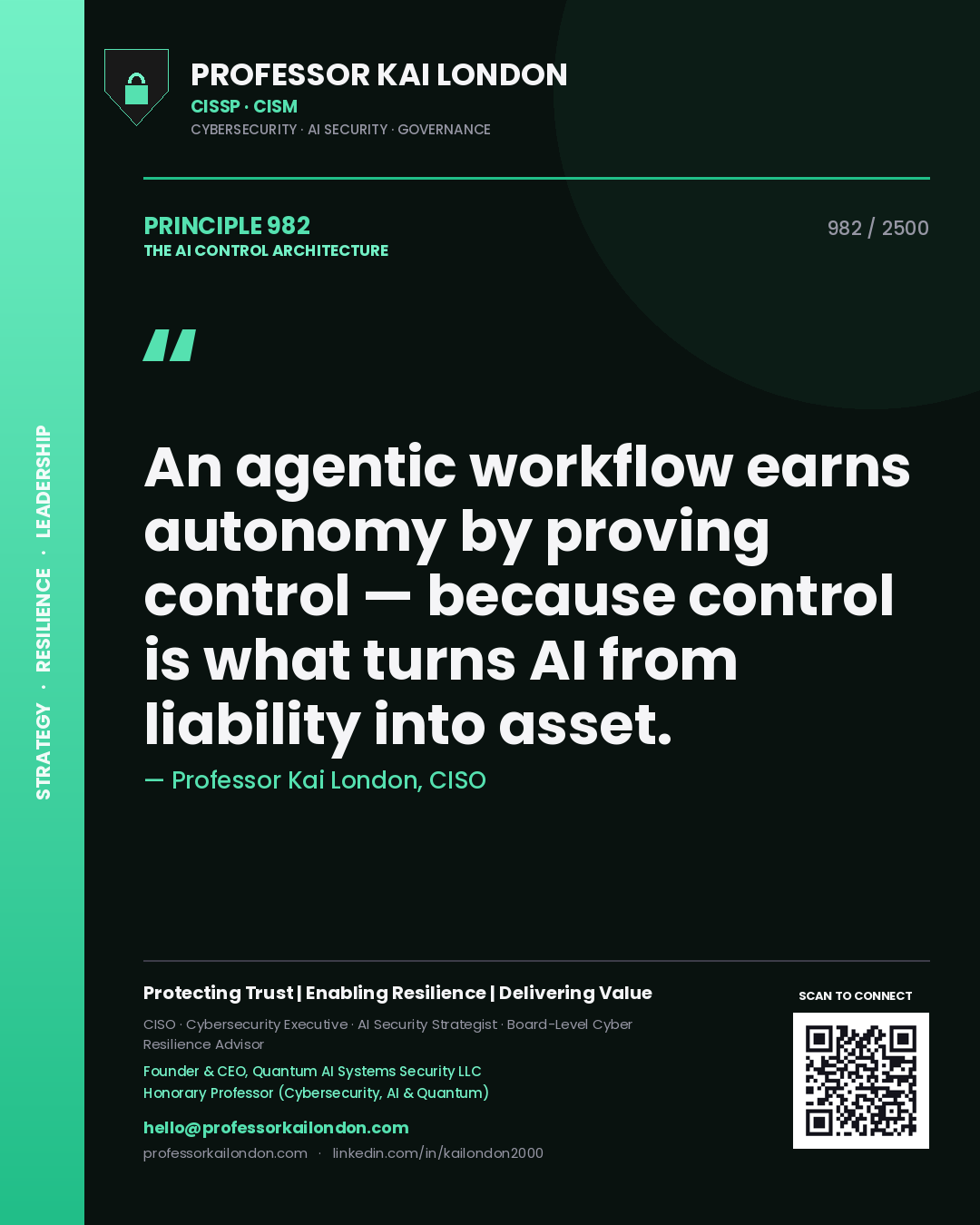 Professor Kai London principle 982: An agentic workflow earns autonomy by proving control — because control is what turns AI from liability into asset.