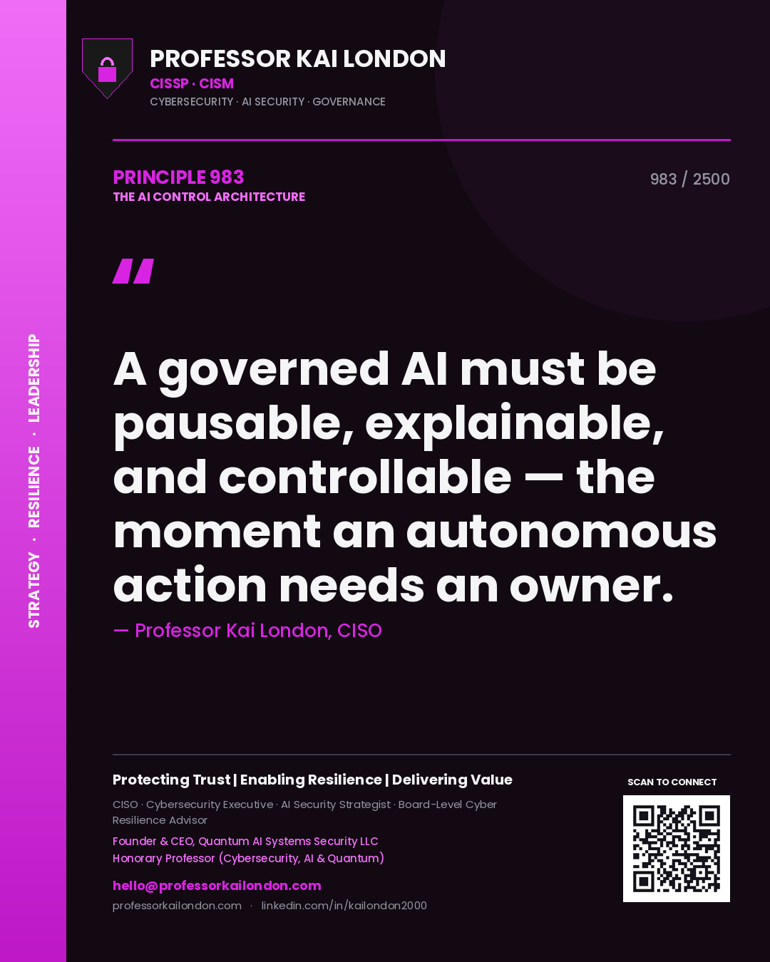 Professor Kai London principle 983: A governed AI must be pausable, explainable, and controllable — the moment an autonomous action needs an owner.