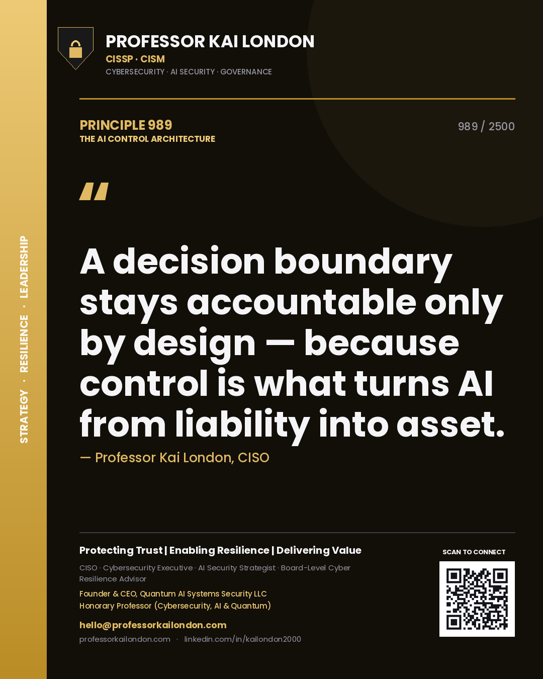 Quote card by Professor Kai London reading 'A decision boundary stays accountable only by design — because control is what turns AI from liability into asset.'. From the book The AI Control Architecture.