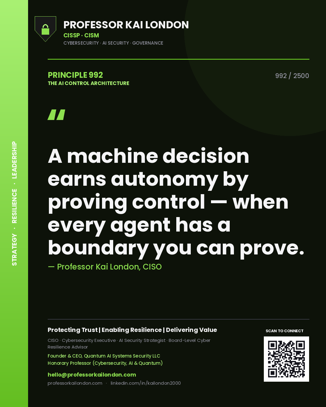 Quote card by Professor Kai London reading 'A machine decision earns autonomy by proving control — when every agent has a boundary you can prove.'. From the book The AI Control Architecture.