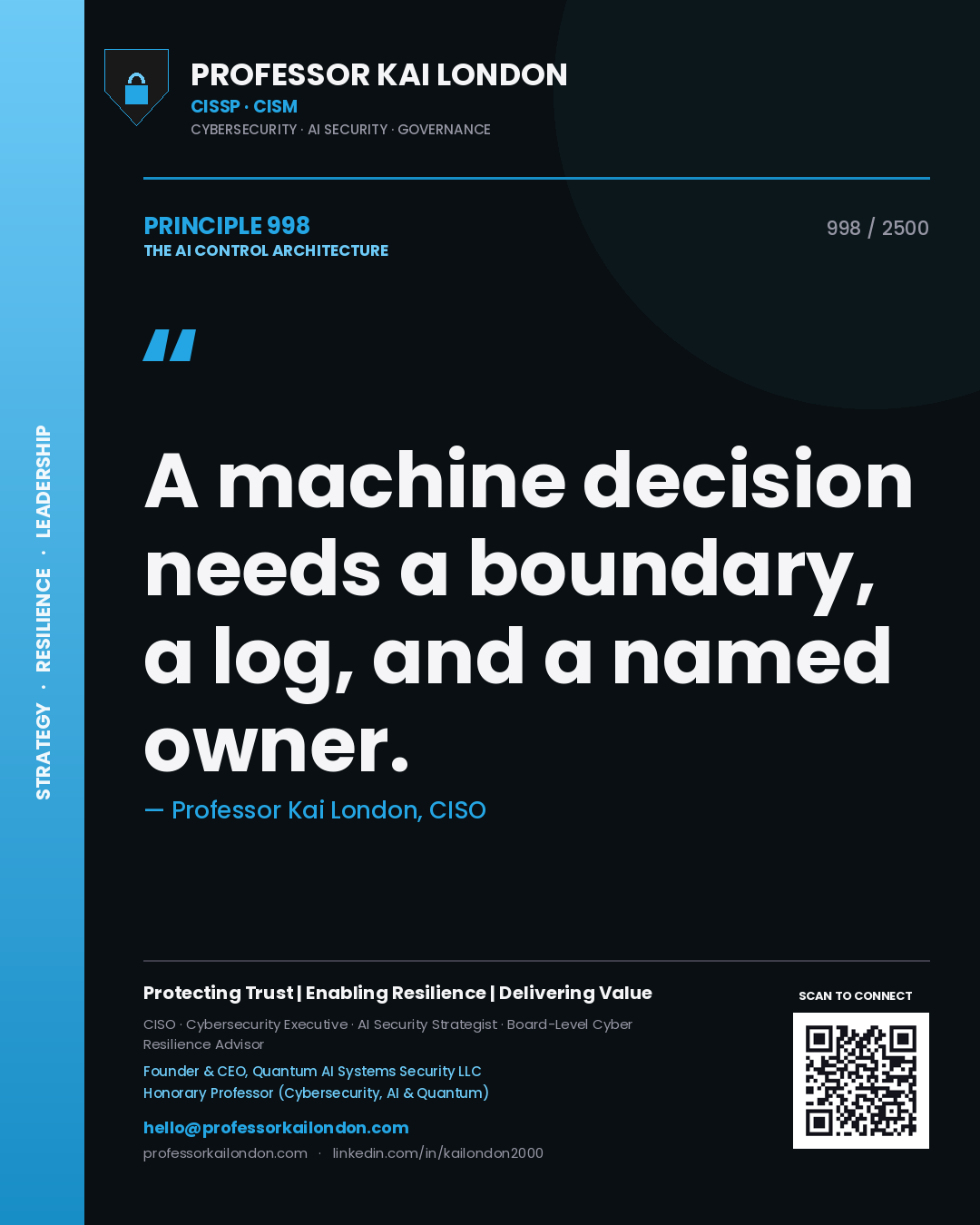 Quote card by Professor Kai London reading 'A machine decision needs a boundary, a log, and a named owner.'. From the book The AI Control Architecture.