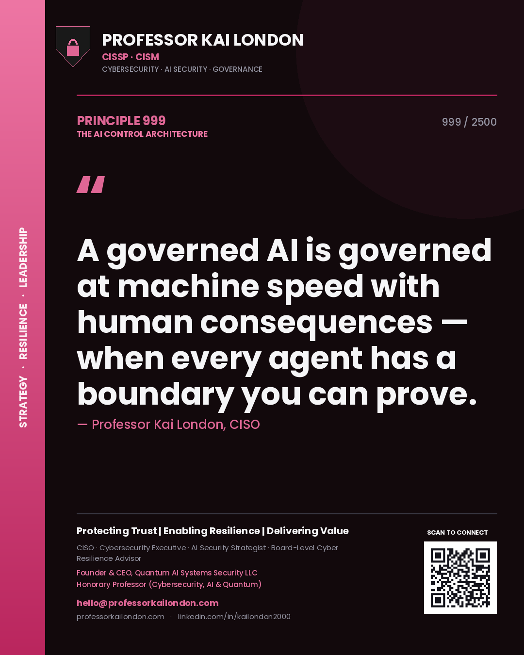 Professor Kai London principle 999: A governed AI is governed at machine speed with human consequences — when every agent has a boundary you can prove.