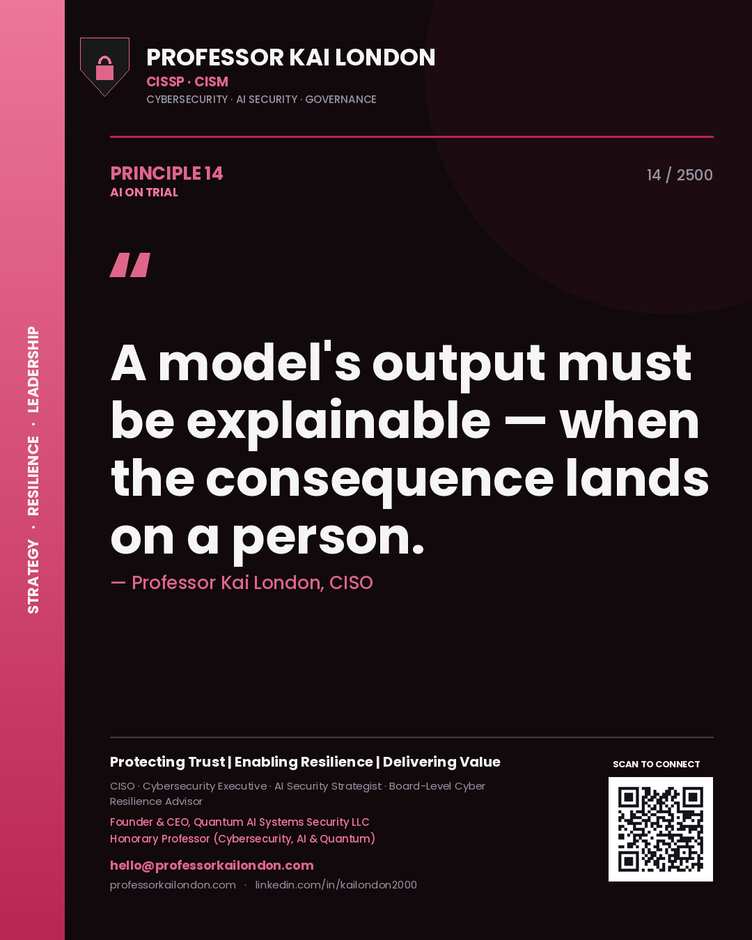 Professor Kai London principle 14: A model's output must be explainable — when the consequence lands on a person.