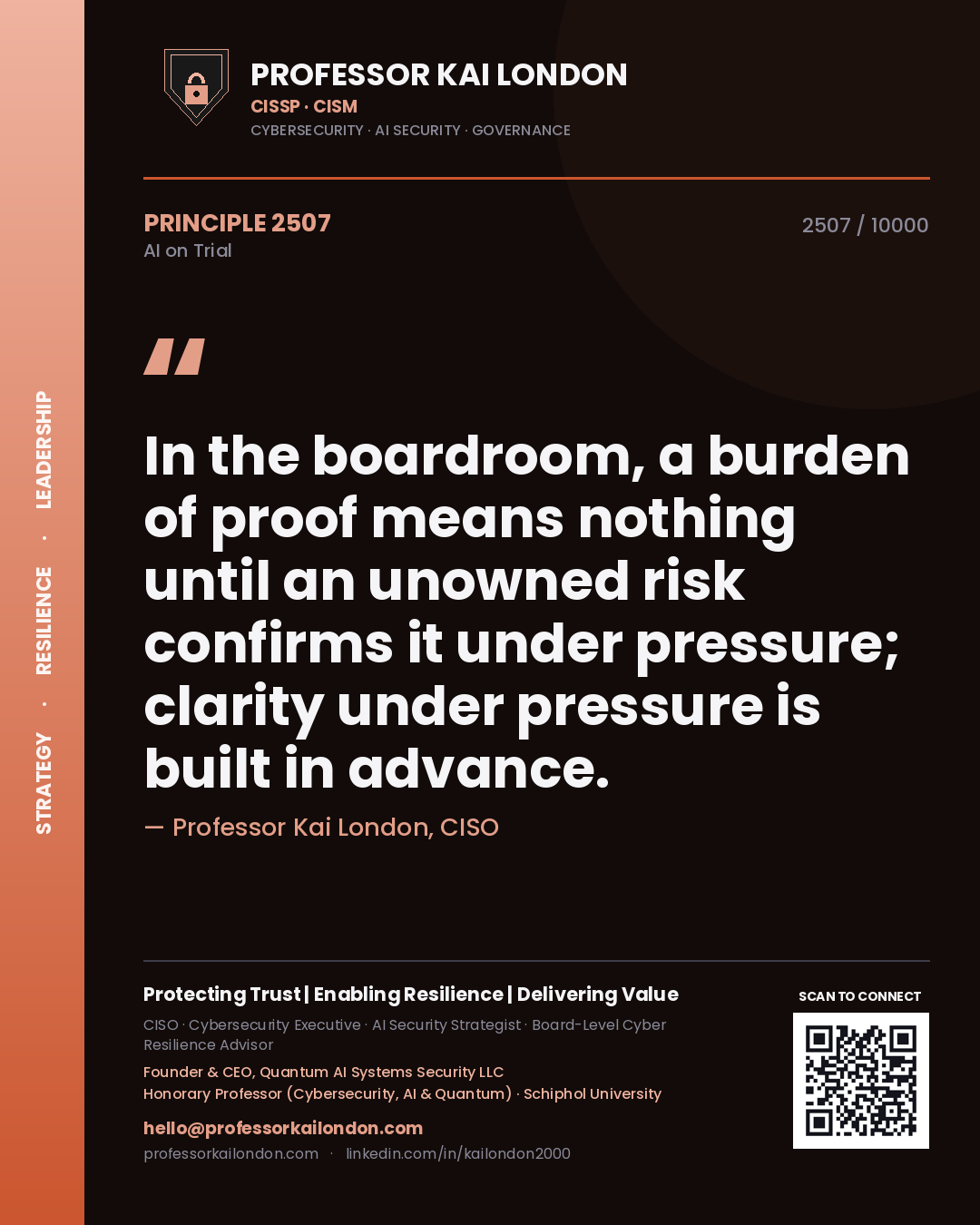 Quote card by Professor Kai London reading 'In the boardroom, a burden of proof means nothing until an unowned risk confirms it under pressure; clarity under pressure is built in advance.'. From the book AI on Trial.