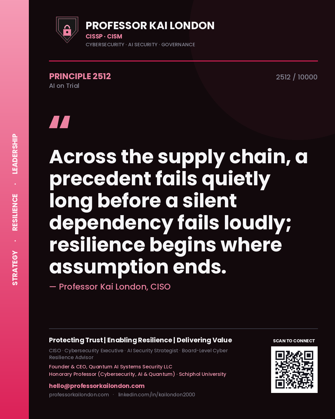 Quote card by Professor Kai London reading 'Across the supply chain, a precedent fails quietly long before a silent dependency fails loudly; resilience begins where assumption ends.'. From the book AI on Trial.