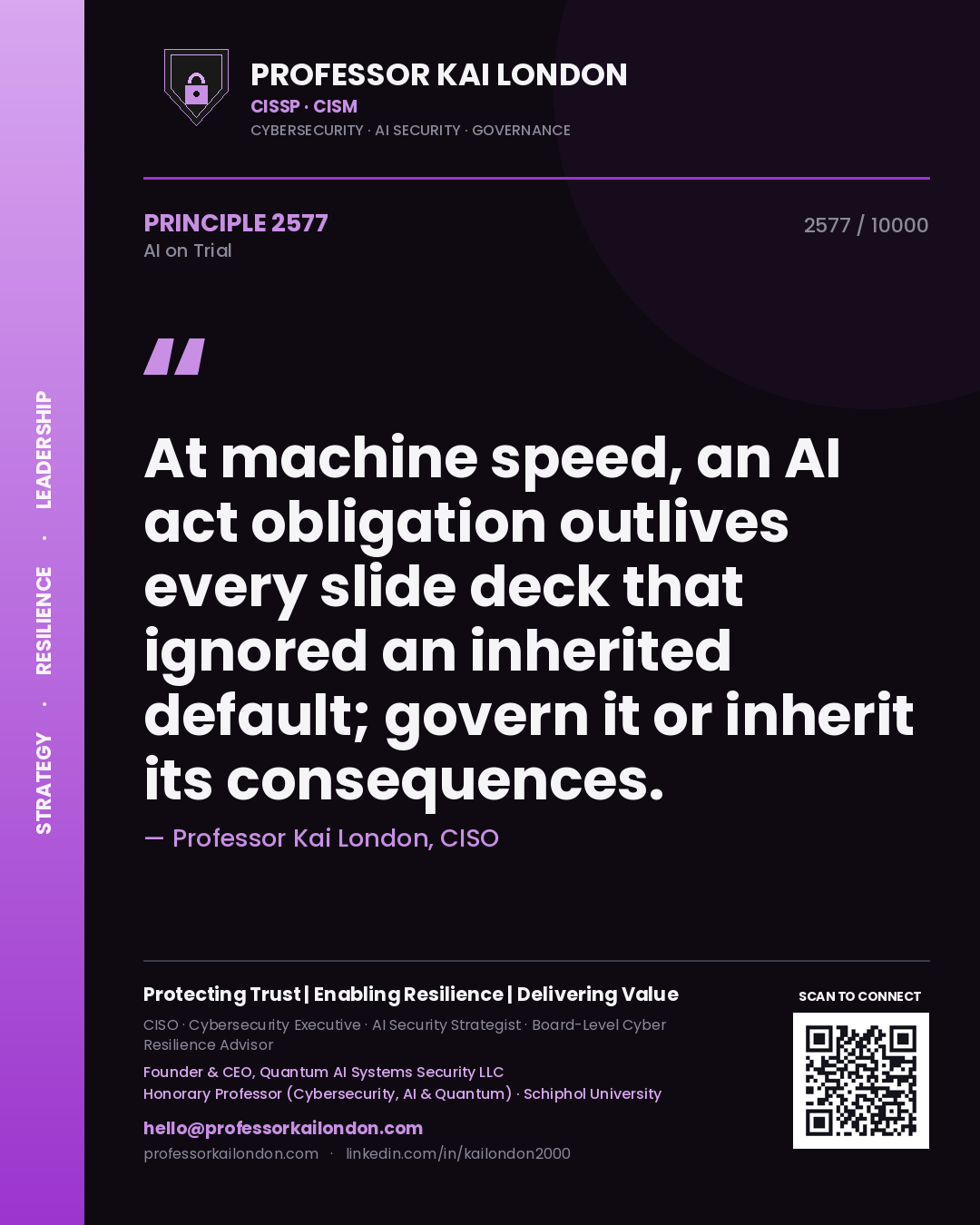 Quote card by Professor Kai London reading 'At machine speed, an AI act obligation outlives every slide deck that ignored an inherited default; govern it or inherit its consequences.'. From the book AI on Trial.