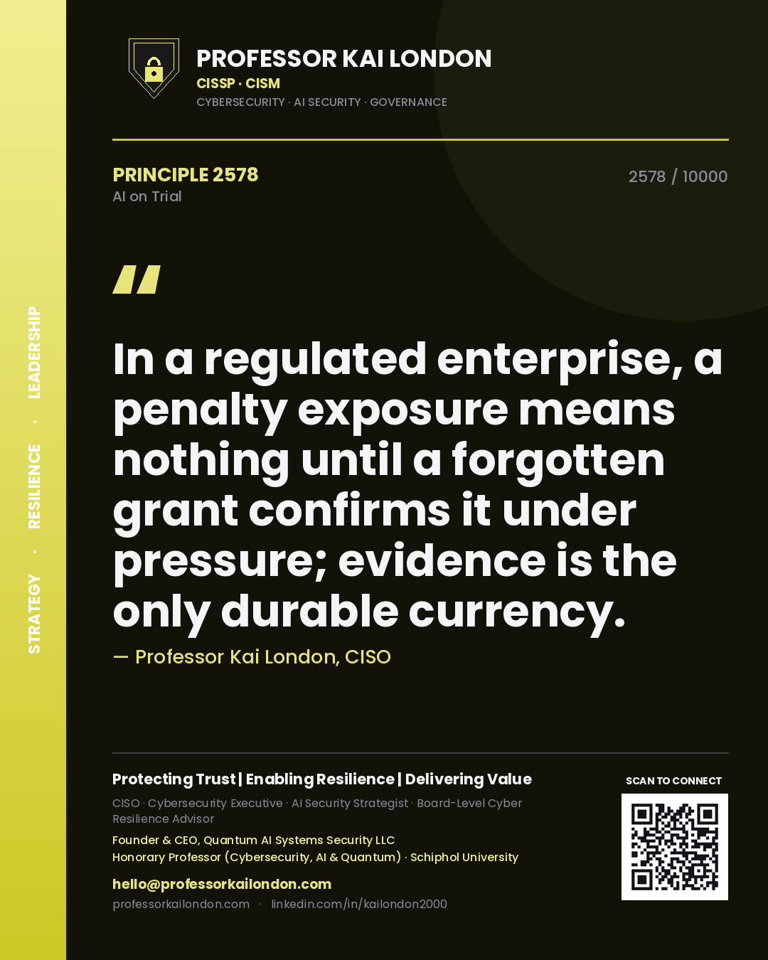 Professor Kai London principle 2578: In a regulated enterprise, a penalty exposure means nothing until a forgotten grant confirms it under pressure; evidence is the only durable currency.