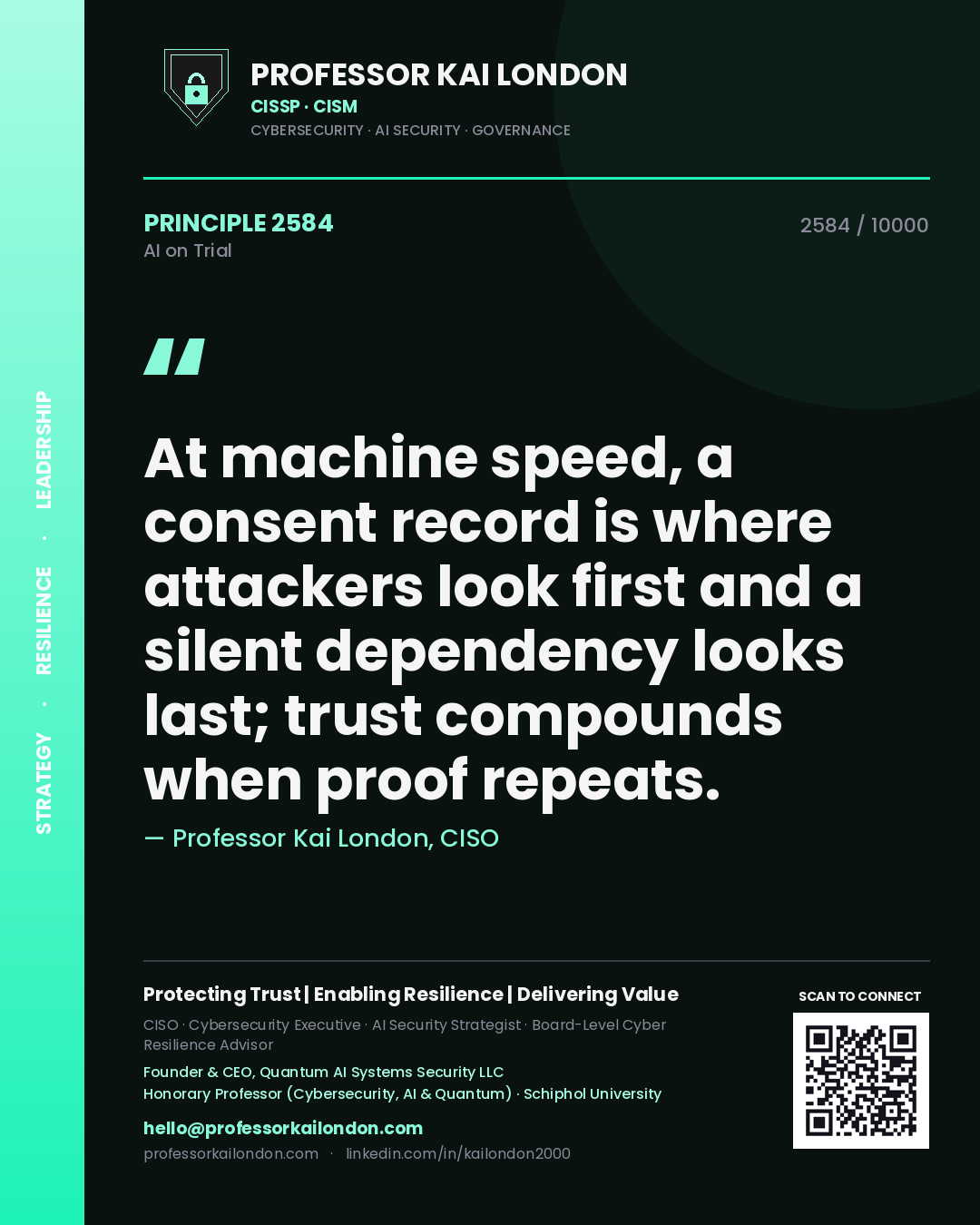 Professor Kai London principle 2584: At machine speed, a consent record is where attackers look first and a silent dependency looks last; trust compounds when proof repeats.