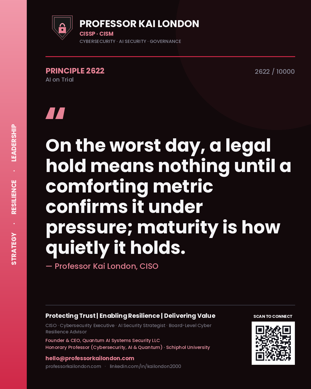 Professor Kai London principle 2622: On the worst day, a legal hold means nothing until a comforting metric confirms it under pressure; maturity is how quietly it holds.