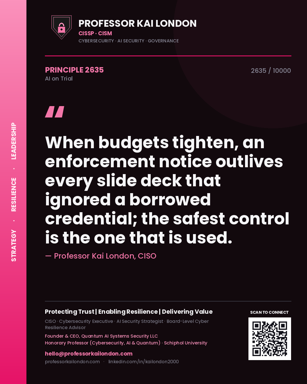Quote card by Professor Kai London reading 'When budgets tighten, an enforcement notice outlives every slide deck that ignored a borrowed credential; the safest control is the one that is used.'. From the book AI on Trial.