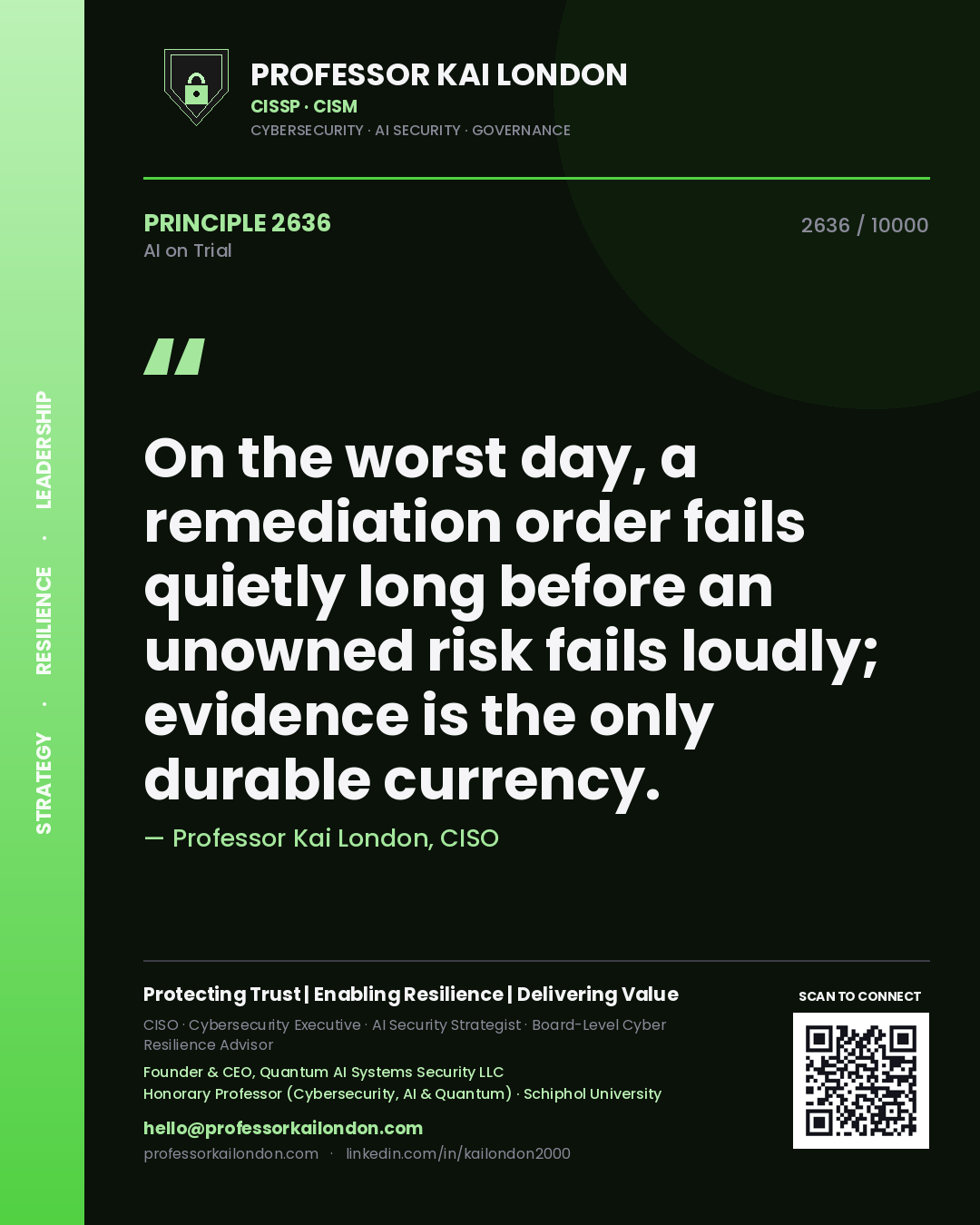 Professor Kai London principle 2636: On the worst day, a remediation order fails quietly long before an unowned risk fails loudly; evidence is the only durable currency.
