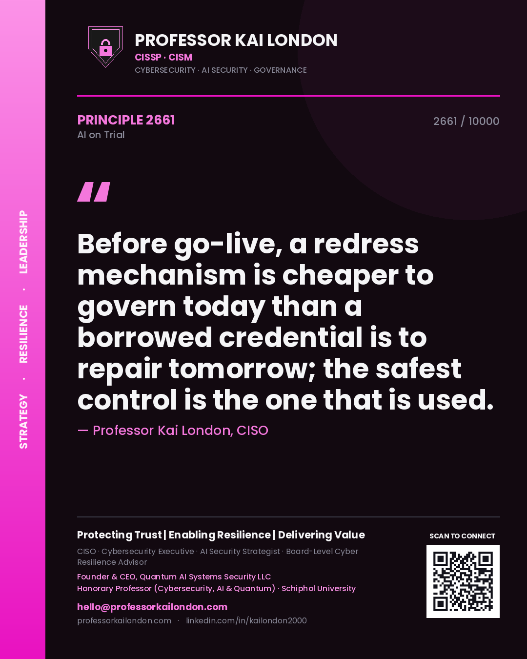 Quote card by Professor Kai London reading 'Before go-live, a redress mechanism is cheaper to govern today than a borrowed credential is to repair tomorrow; the safest control is the one that is used.'. From the book AI on Trial.