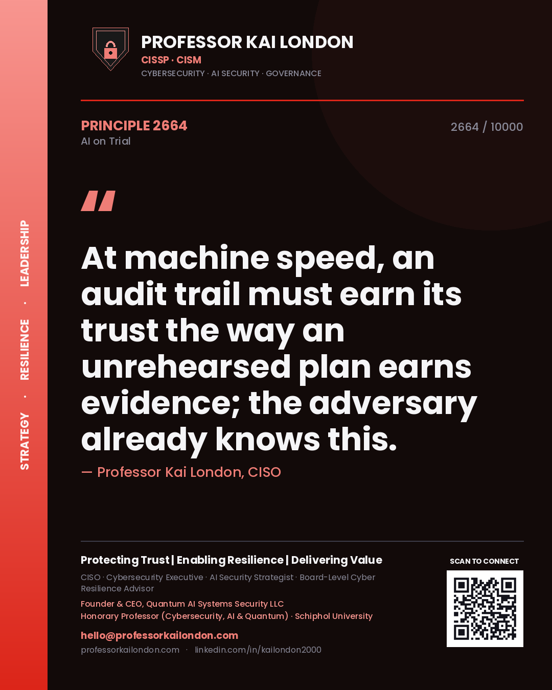 Professor Kai London principle 2664: At machine speed, an audit trail must earn its trust the way an unrehearsed plan earns evidence; the adversary already knows this.